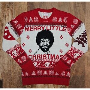 Bob Ross Ugly Christmas Sweater Mens S Red "Merry Little Christmas" Holiday Knit